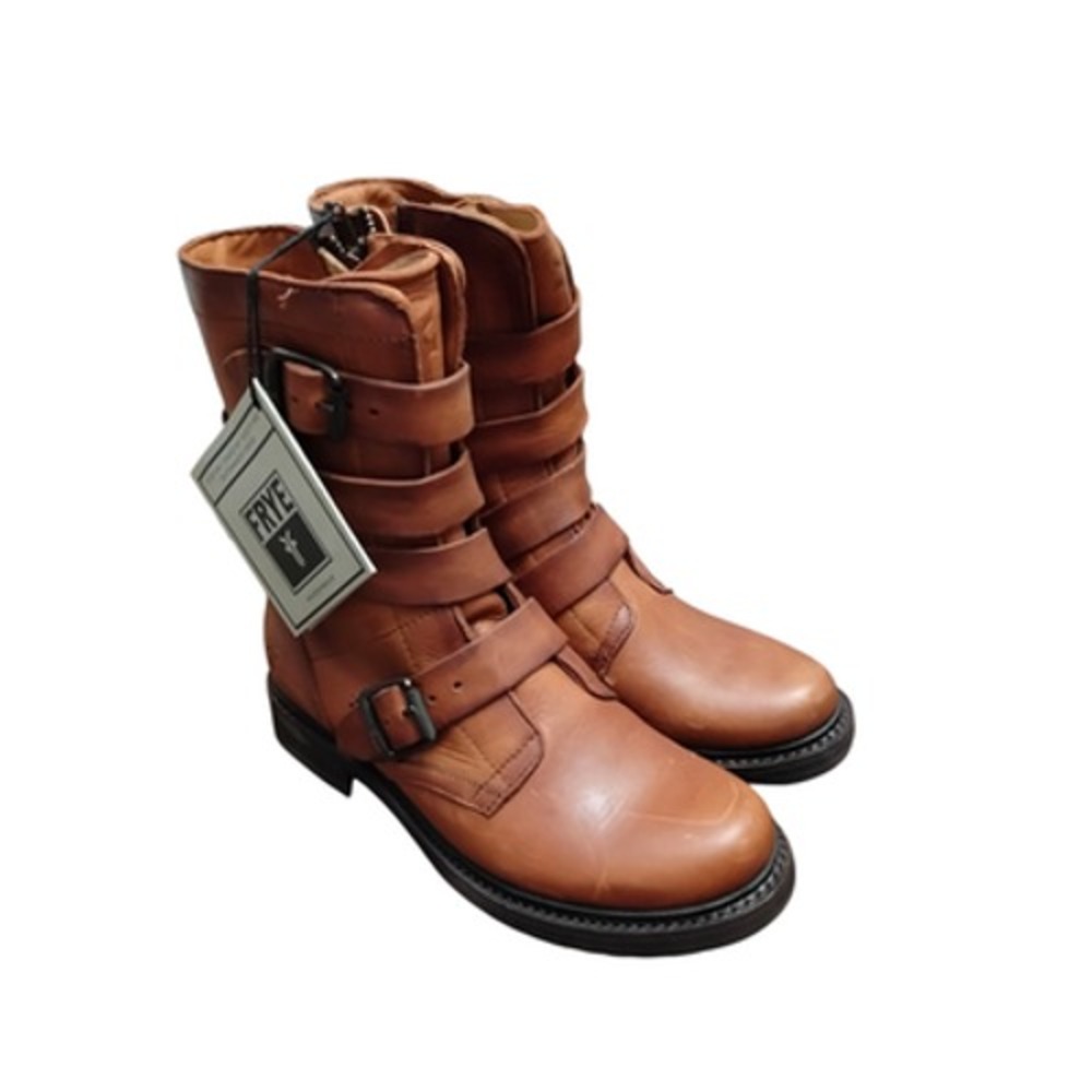 Frye Veronica Tanker Boots Women's 7M Cognac Moto‎ Combat Leather Strappy Belted - Picture 5 of 12